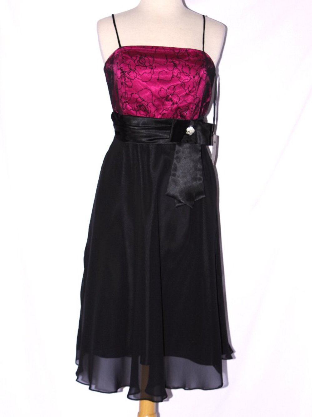 Juliet #2100 Short Chiffon Satin & Lace Party Dress-Size L-Fuchsia Pink & Black